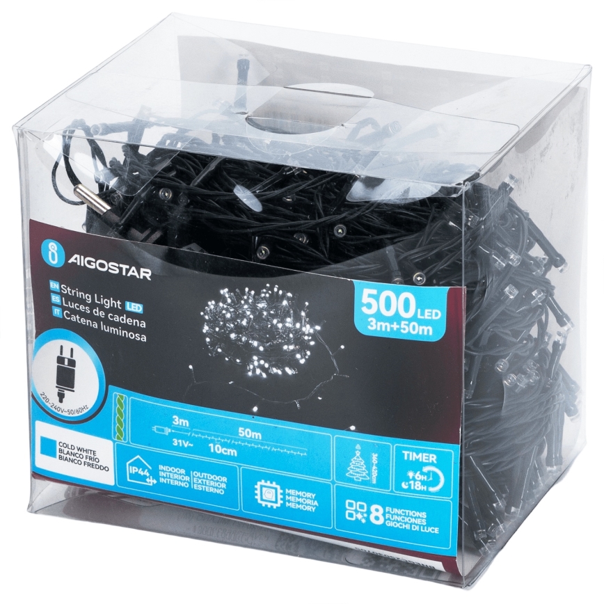 Aigostar - Zewnętrzny łańcuch LED 500xLED/8 trybów 53m IP44 zimna biel