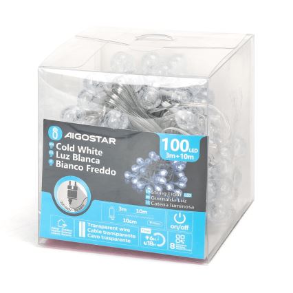 Aigostar - zewnętrzny łańcuch świąteczny 100 diod LED/8 funkcji 13m IP44 zimne białe światło