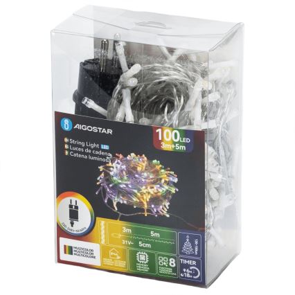 Aigostar - Zewnętrzny łańcuch świąteczny 100 diod LED / 8 funkcji 5,3 m IP44 wielokolorowy