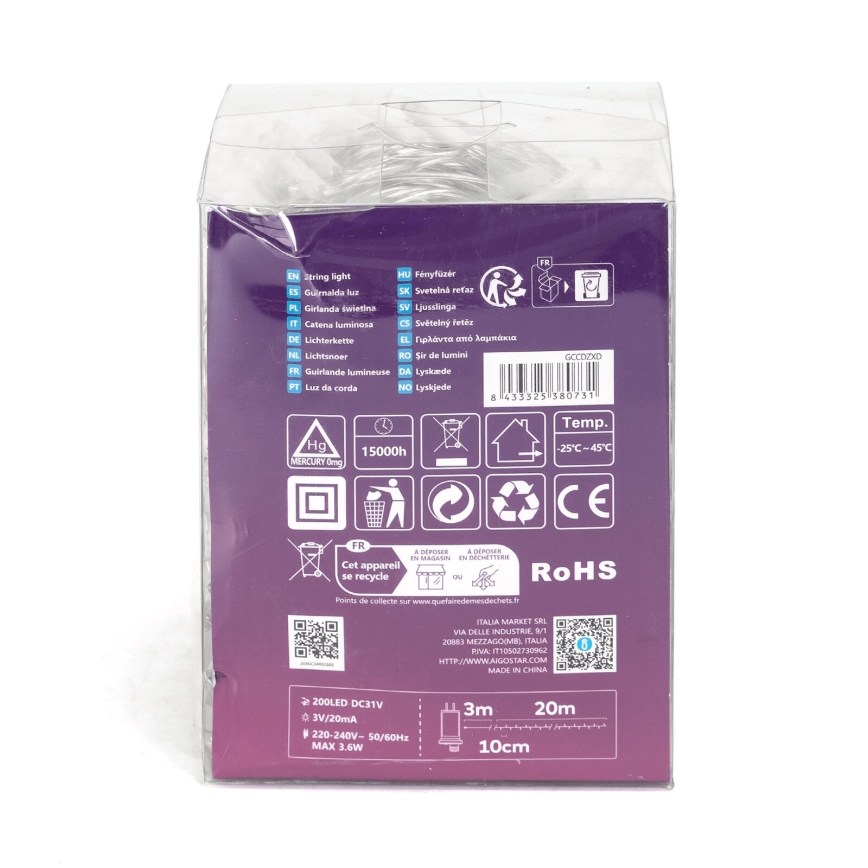 Aigostar - Zewnętrzny łańcuch świąteczny 200 diod LED/8 trybów 23 m IP44 ciepła biel