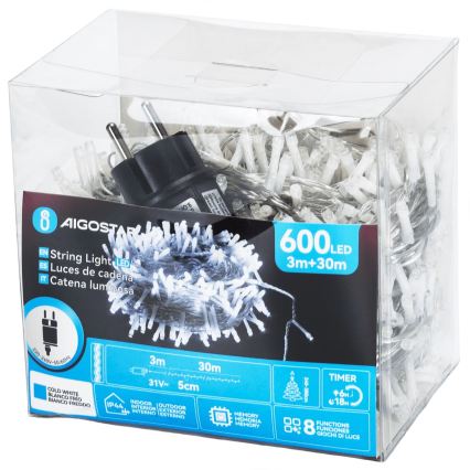 Aigostar - zewnętrzny łańcuch świąteczny 600 diod LED/8 funkcji 33 m IP44 zimna biel