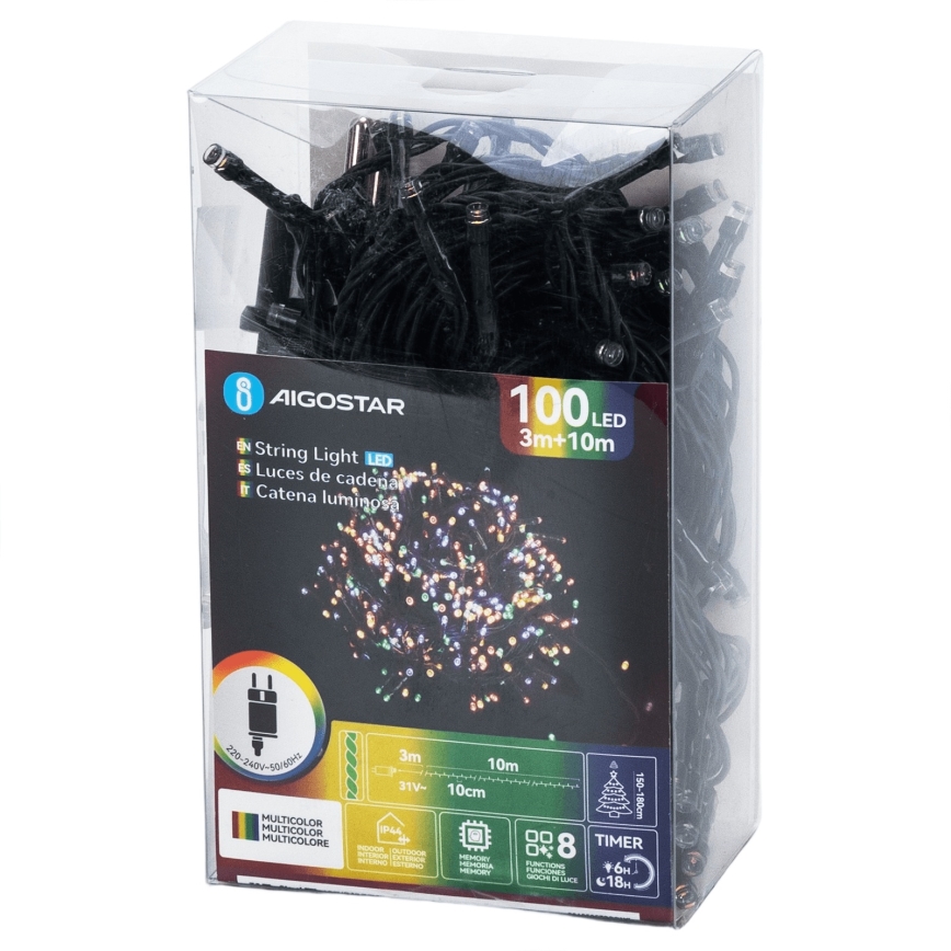 Aigostar - Zewnętrzny łańcuch świąteczny LED, 100 diod LED, 8 trybów, 13 m, IP44, wielokolorowy
