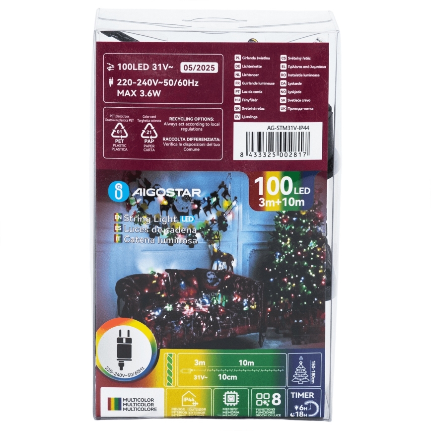 Aigostar - Zewnętrzny łańcuch świąteczny LED, 100 diod LED, 8 trybów, 13 m, IP44, wielokolorowy