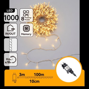Aigostar - Zewnętrzny łańcuch świąteczny LED 1000 diod / 8 trybów, 103 m, IP44, ciepła biel