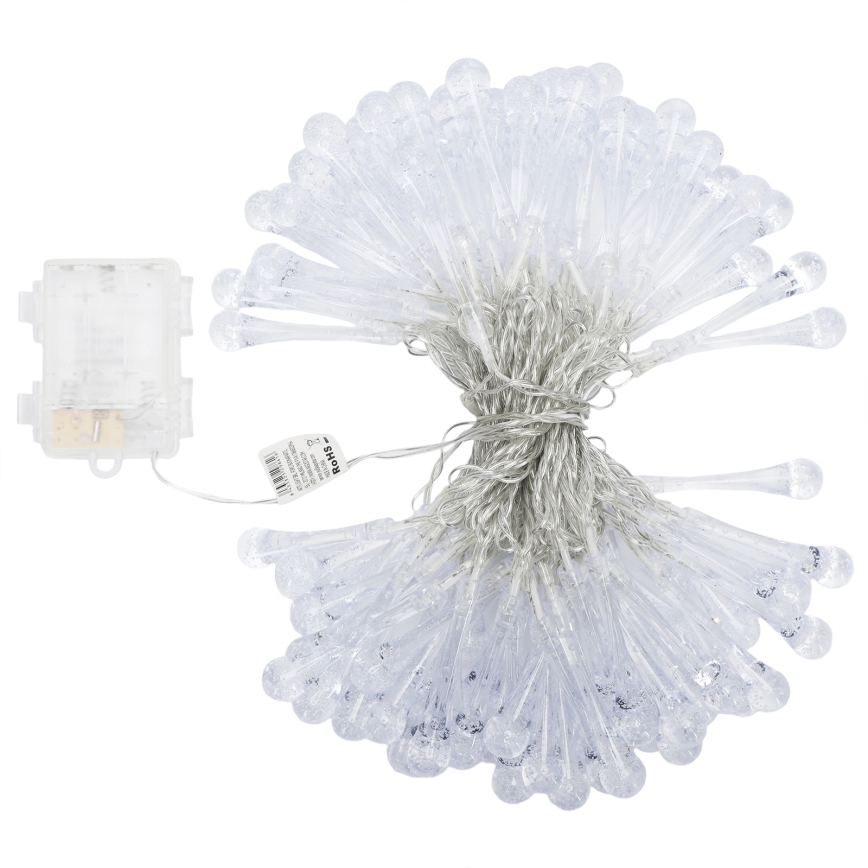 Aigostar - zewnętrzna świąteczna girlanda LED 100 diod/8 trybów, zasilanie 3×AA, 10 m, IP44, ciepła biel, kształt kropli