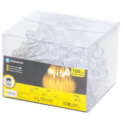 Aigostar - zewnętrzna świąteczna girlanda LED 100 diod/8 trybów, zasilanie 3×AA, 10 m, IP44, ciepła biel, kształt kropli