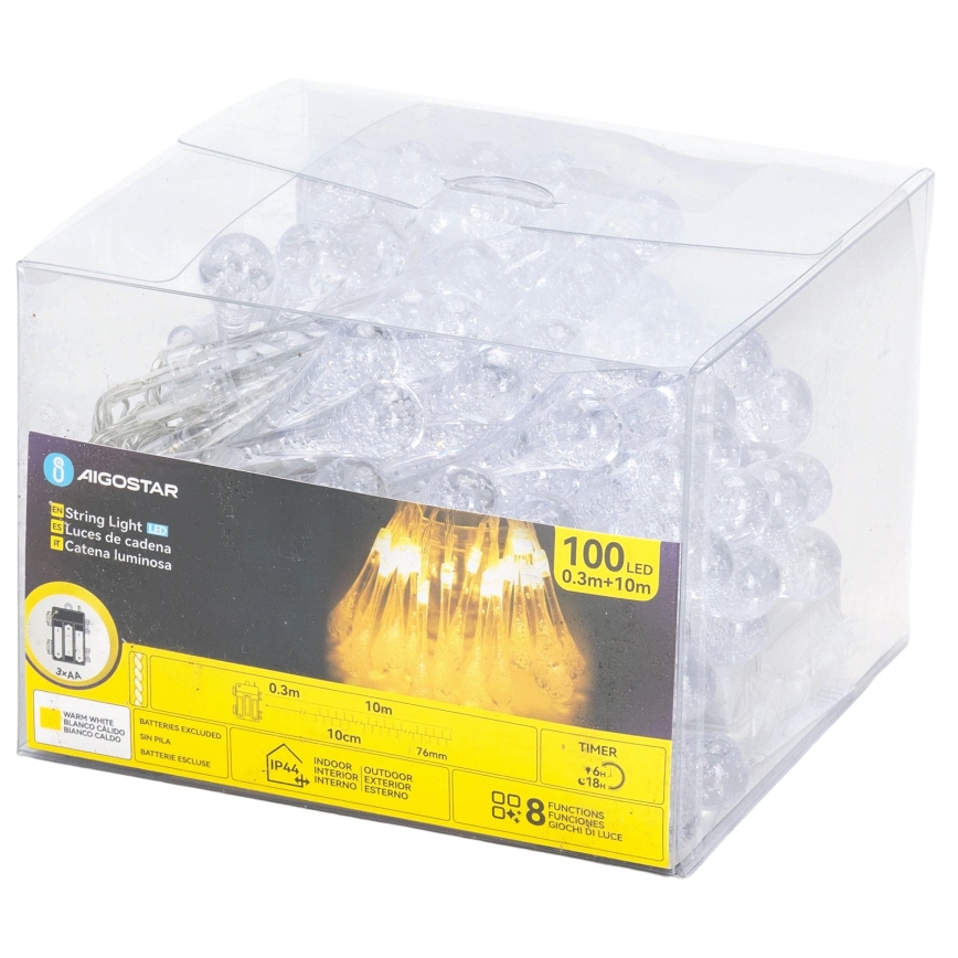 Aigostar - zewnętrzna świąteczna girlanda LED 100 diod/8 trybów, zasilanie 3×AA, 10 m, IP44, ciepła biel, kształt kropli