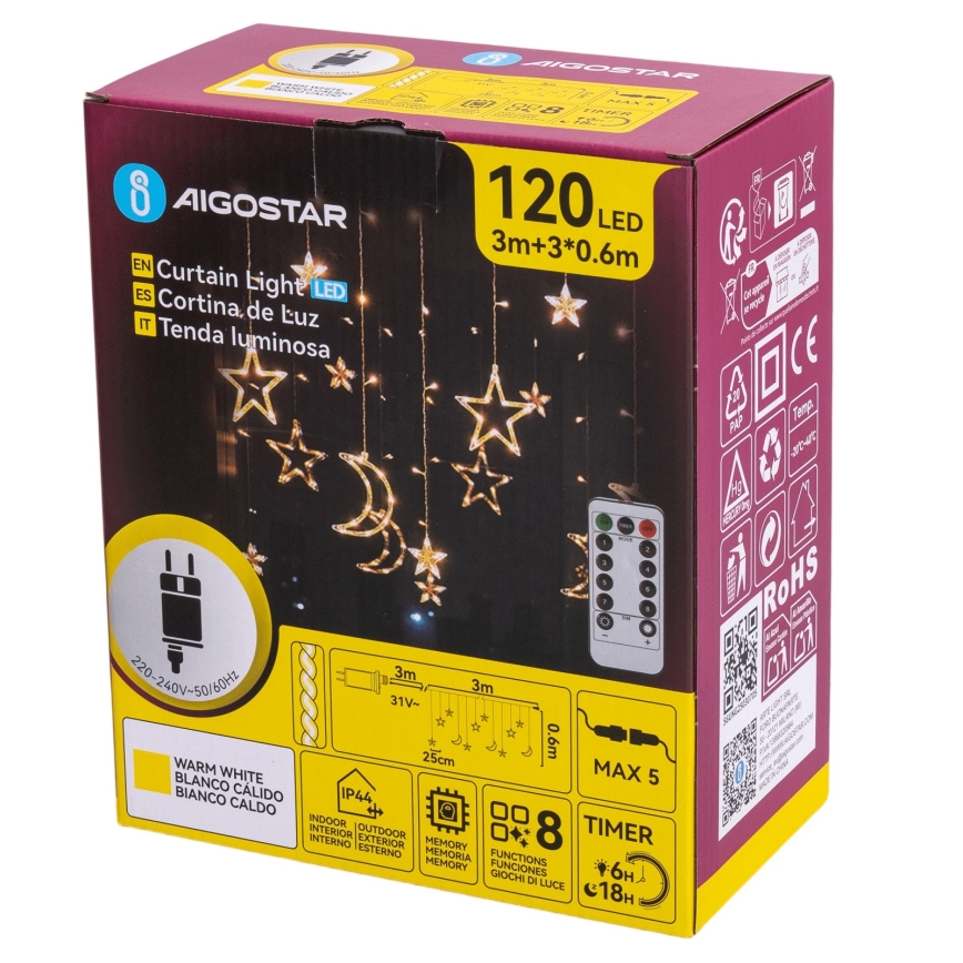 Aigostar - Zewnętrzny łańcuch świetlny LED 120 diod/6W/230V/8 funkcji 3×0,6 m IP44 ciepła biel + pilot zdalnego sterowania