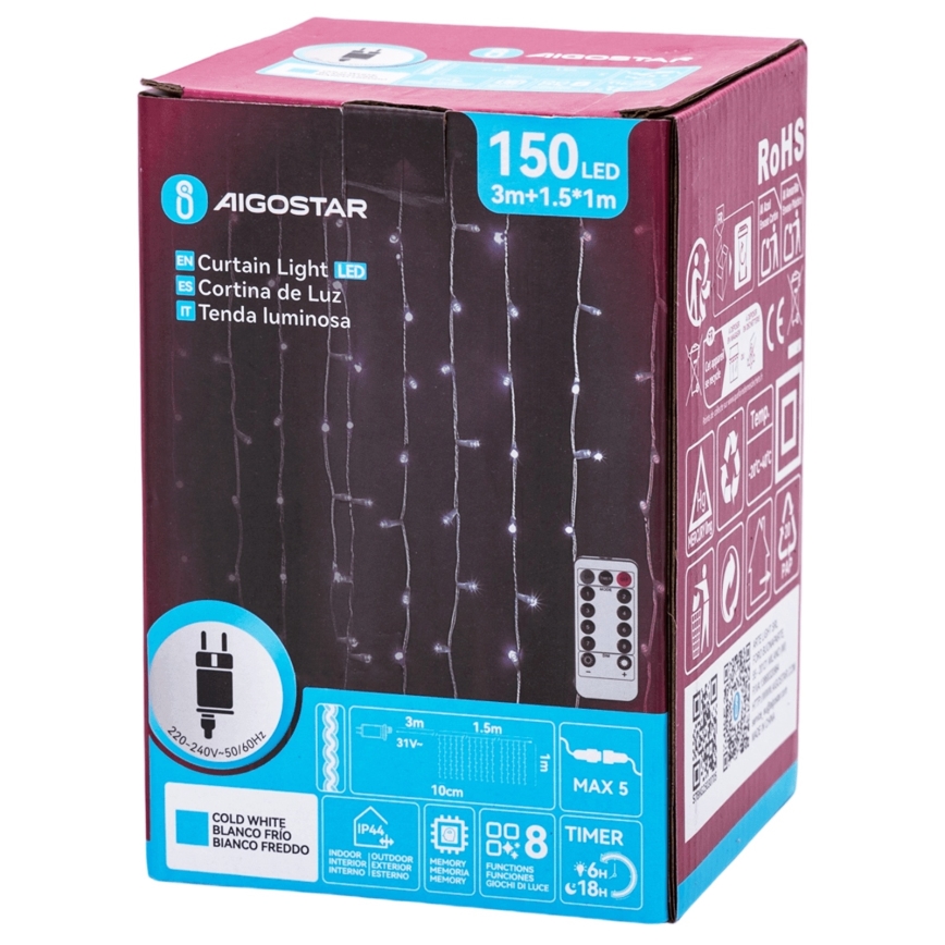 Aigostar - Girlanda LED zewnętrzna 150 diod LED/6W/230V/8 funkcji 1,5x1m IP44 zimna biała + zdalne sterowanie
