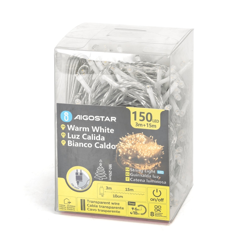 Aigostar - Zewnętrzny łańcuch świąteczny LED 150 diod LED / 8 trybów, 18 m, IP44, ciepła biała