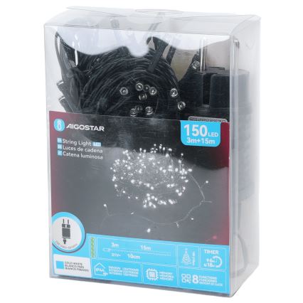 Aigostar - Zewnętrzny łańcuch świąteczny LED 150xLED/8 funkcji 18m IP44 zimna biel