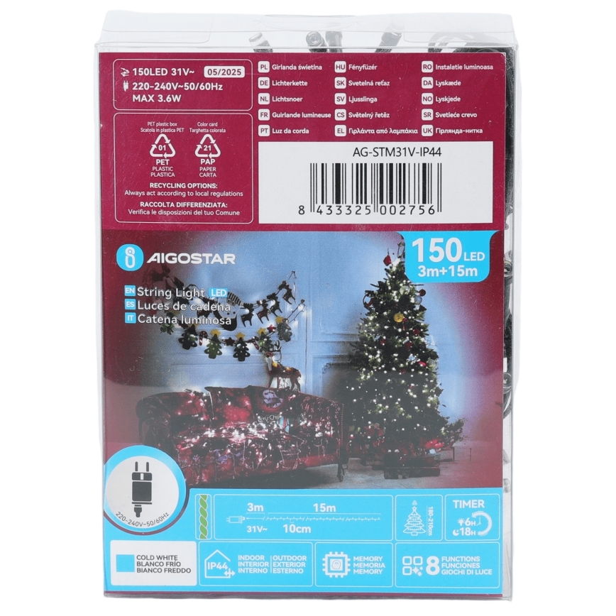 Aigostar - Zewnętrzny łańcuch świąteczny LED 150xLED/8 funkcji 18m IP44 zimna biel
