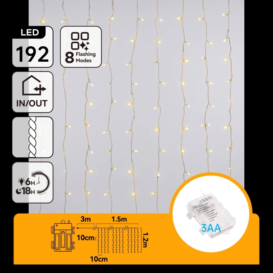 Aigostar - zewnętrzny łańcuch świąteczny LED 192xLED/8 funkcji 3xAA 4,5x1,2m IP44 ciepła biała