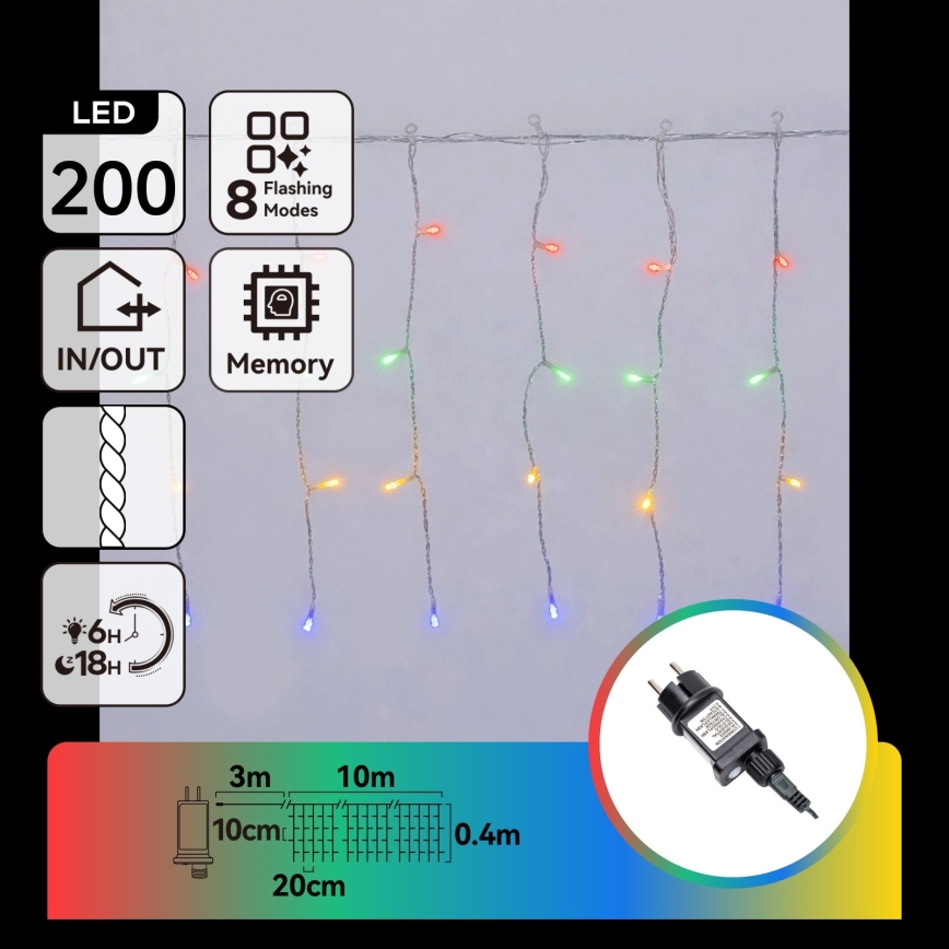 Aigostar - zewnętrzny łańcuch świąteczny LED 200 diod/8 funkcji 13x0,4m IP44 wielokolorowy