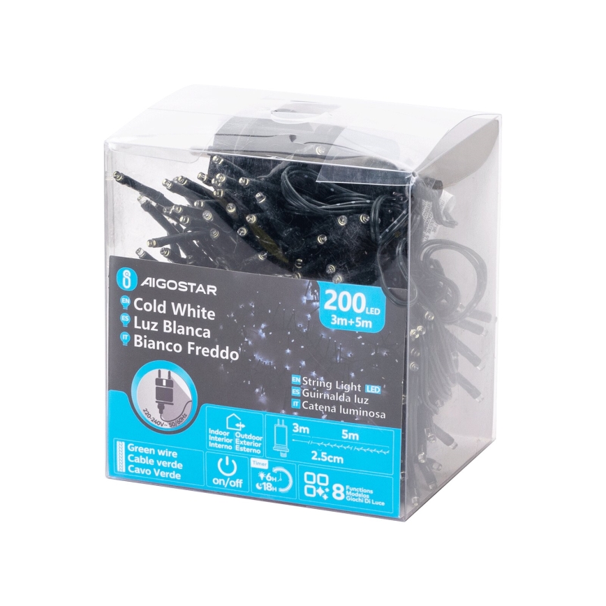 Aigostar - Zewnętrzny łańcuch świąteczny LED, 200 diod LED, 8 trybów, 8 m, IP44, zimna biel