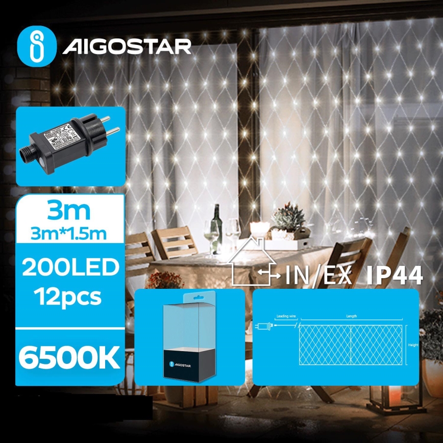 Aigostar - Zewnętrzny łańcuch świąteczny LED 200xLED/8 funkcji 6x1,5m IP44 zimne białe światło