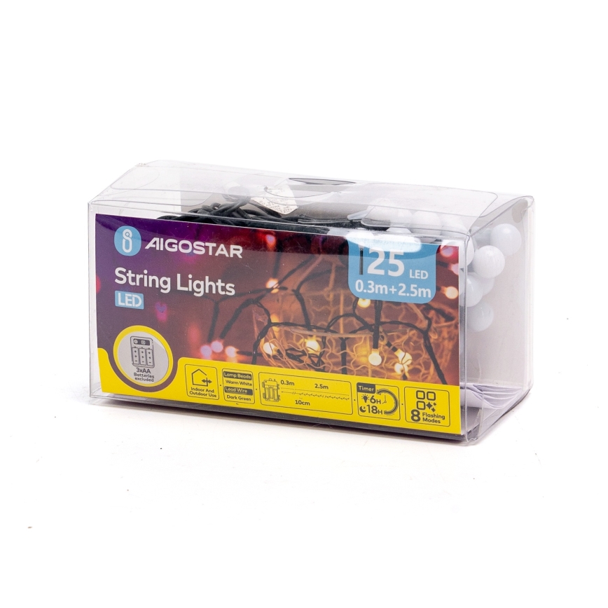 Aigostar - Zewnętrzny łańcuch świąteczny LED, 25 diod/8 funkcji, zasilanie 3xAA, 2,8 m, IP44, ciepłe białe światło