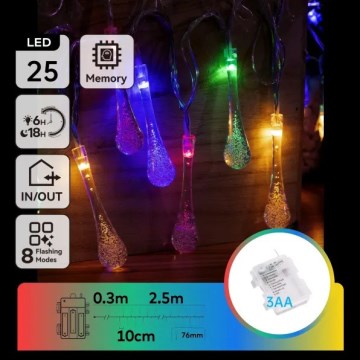 Aigostar - Zewnętrzny łańcuch świąteczny LED 25xLED/8 funkcji, zasilanie 3xAA, 2,5 m, IP44, wielokolorowe krople