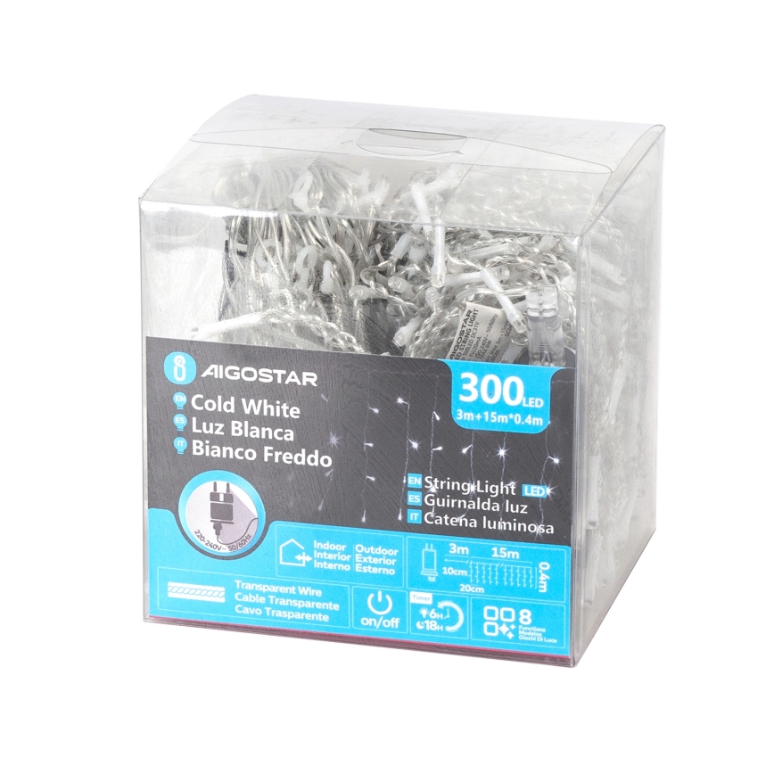 Aigostar - LED Zewnętrzny łańcuch świąteczny 300xLED/6W/230V/8 funkcji 15x0,4m IP44 zimna biel