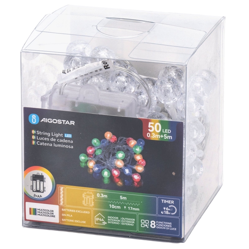 Aigostar - Zewnętrzny łańcuch świąteczny LED, 50 diod LED / 8 funkcji, zasilanie 3×AA, 5,3 m, IP44, wielokolorowy