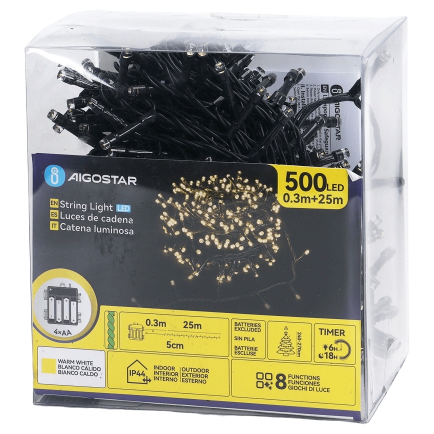 Aigostar - Zewnętrzny łańcuch świąteczny LED 500 diod LED/8 funkcji 4xAA 25,3 m IP44 ciepła biel