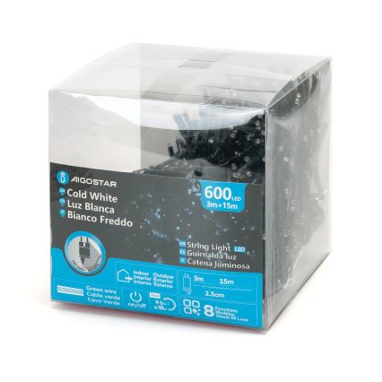 Aigostar - Zewnętrzny łańcuch świąteczny LED, 600 diod, 8 funkcji, 18 m, IP44, zimna biel