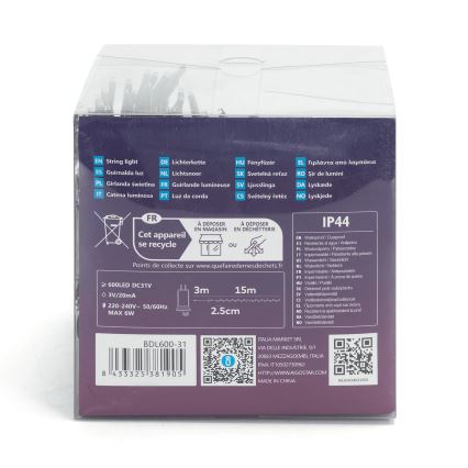 Aigostar - Zewnętrzny łańcuch świąteczny LED, 600 diod, 8 funkcji, 18 m, IP44, zimna biel