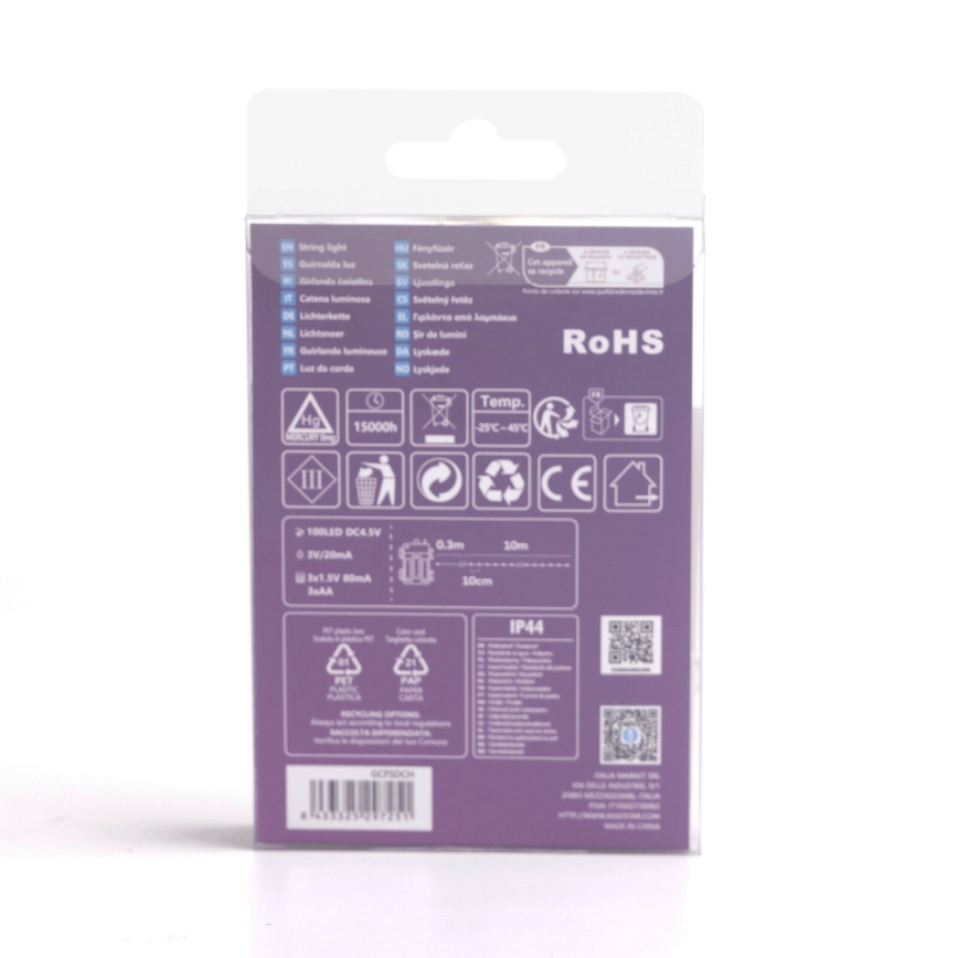 Aigostar - Zewnętrzny łańcuch świetlny LED 100xLED/8 funkcji/3xAA 10,3m IP44 zimna biel