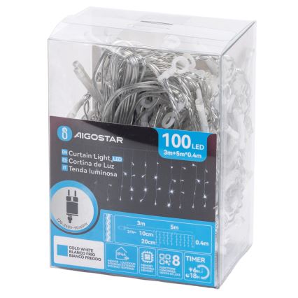 Aigostar - Zewnętrzny łańcuch świetlny LED, 100 diod LED, 8 funkcji, 5 x 0,4 m, IP44, zimna biel