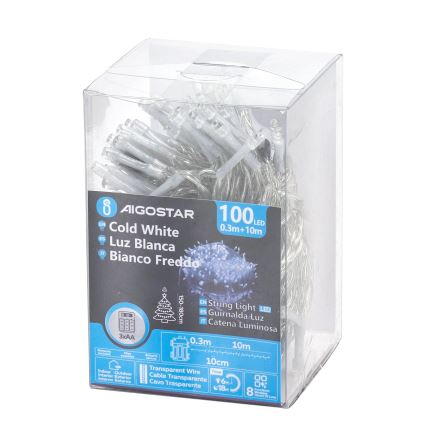 Aigostar - Girlanda LED zewnętrzna 100xLED/8 funkcji/3xAA 10,3 m IP44 zimne białe światło