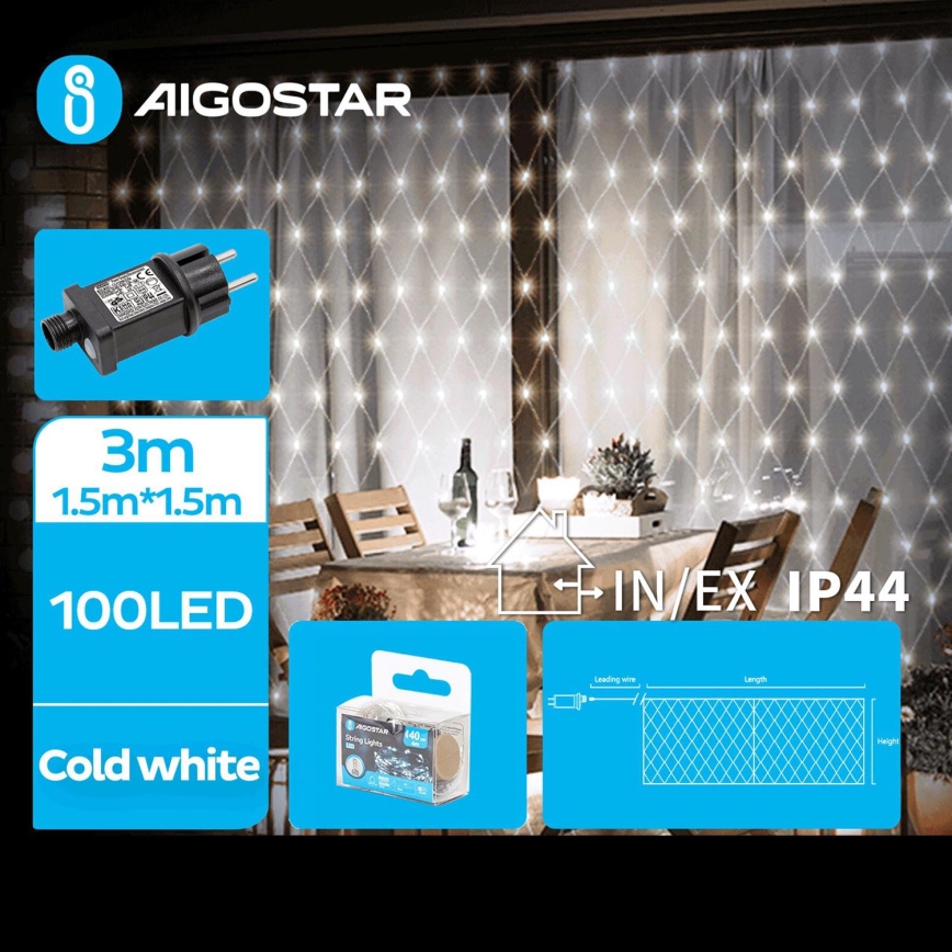 Aigostar - Zewnętrzny łańcuch świetlny LED 100xLED/8 funkcji 4,5x1,5m IP44 zimna biel