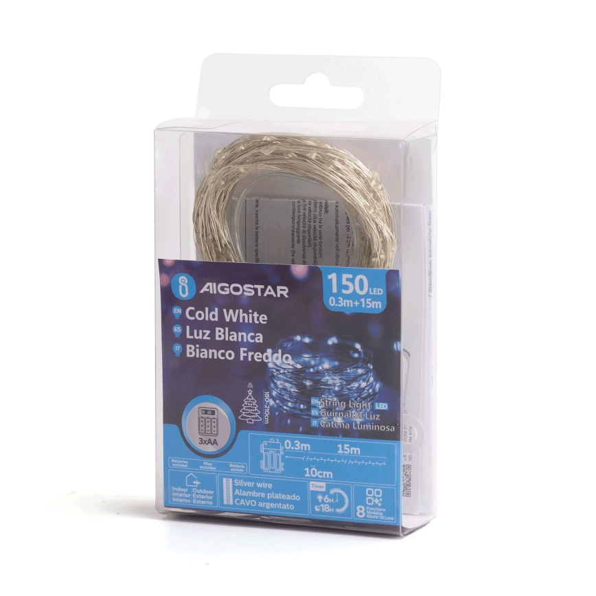 Aigostar - Girlanda świetlna LED zewnętrzna 150xLED/8 trybów/3xAA 15,3m IP44 zimna biel