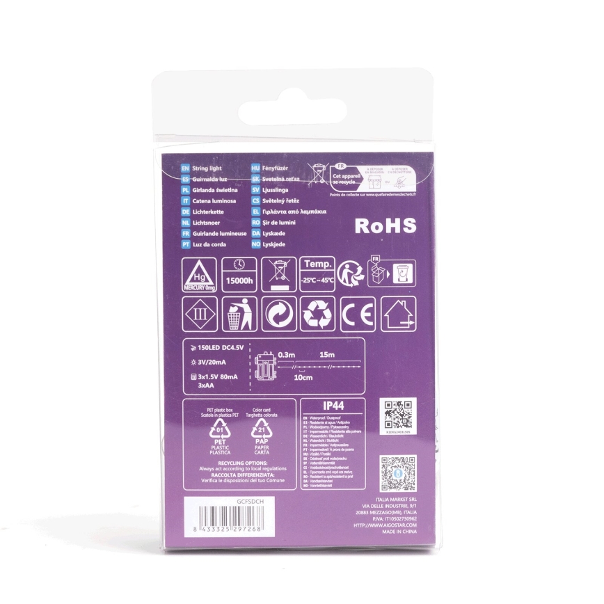 Aigostar - Girlanda świetlna LED zewnętrzna 150xLED/8 trybów/3xAA 15,3m IP44 zimna biel