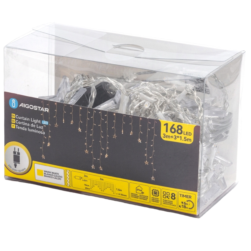 Aigostar - Zewnętrzny łańcuch świetlny LED, 168 diod, 8 funkcji, 3 x 1,5 m, IP44, ciepłe białe światło, w kształcie gwiazd
