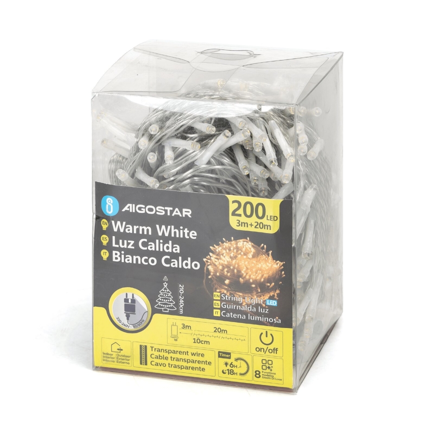 Aigostar - Zewnętrzny łańcuch świetlny LED 200 diod/8 trybów 23 m IP44 ciepłe białe