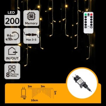 Aigostar - Zewnętrzny łańcuch świetlny LED 200xLED/6W/230V/8 trybów 3x1m IP44 ciepła biel + pilot zdalnego sterowania