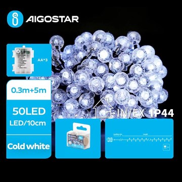 Aigostar - Zewnętrzny łańcuch świetlny LED 50 diod/3xAA/8 funkcji 5,3 m IP44 zimna biel