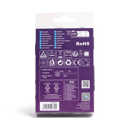 Aigostar - Zewnętrzny łańcuch świetlny LED, 50 diod, 8 funkcji, zasilanie 3×AA, długość 5,3 m, IP44, ciepła biała