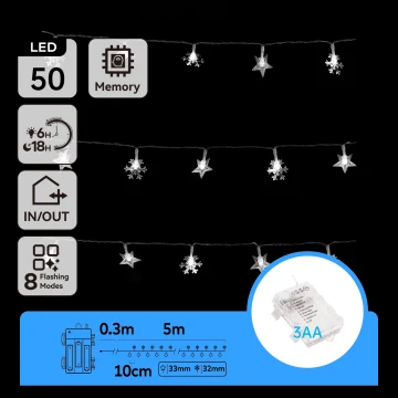 Aigostar - Zewnętrzny łańcuch świetlny LED 50 diod LED/8 funkcji 3xAA 5 m IP44 zimne białe światło