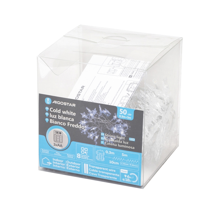 Aigostar - Zewnętrzny łańcuch świetlny LED 50 diod LED/8 funkcji 3xAA 5 m IP44 zimne białe światło
