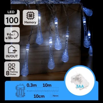 Aigostar - Zewnętrzny świąteczny łańcuch LED 100xLED/8 funkcji 3xAA 10m IP44 zimna biel krople