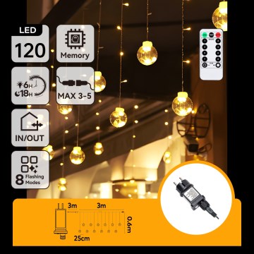 Aigostar - Zewnętrzny świąteczny łańcuch LED 120 diod/8 funkcji 3x0,6m IP44 ciepła biała + zdalne sterowanie