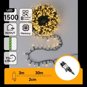 Aigostar - Zewnętrzny świąteczny łańcuch LED 1500xLED/8 funkcji 33m IP44 ciepła biała