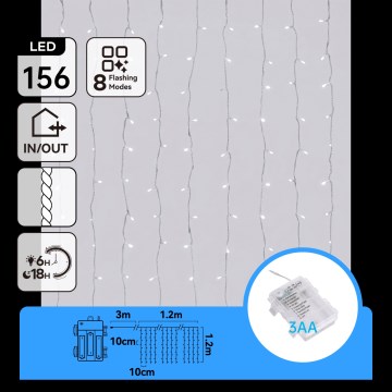 Aigostar - Zewnętrzny świąteczny łańcuch LED 156xLED/8 funkcji 3xAA 4,2x1,2m IP44 zimna biel