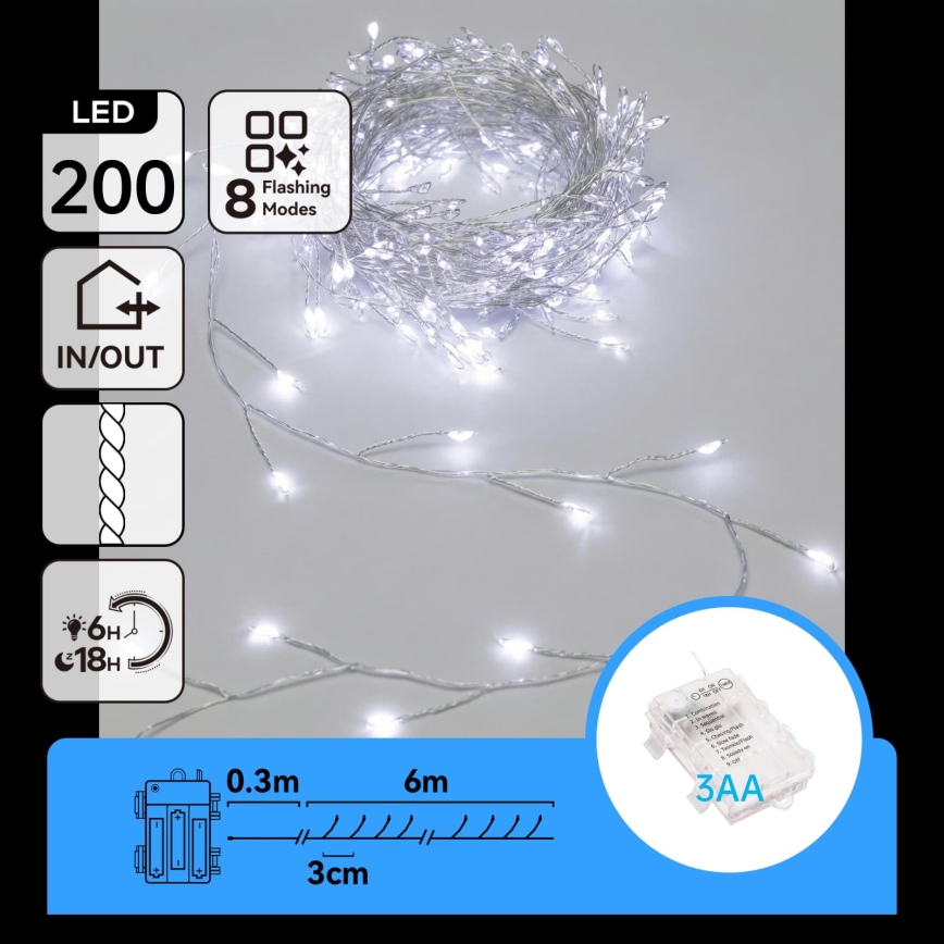 Aigostar - Zewnętrzny świąteczny łańcuch LED 200xLED/8 funkcji 3xAA 6,3m IP44 zimne białe światło