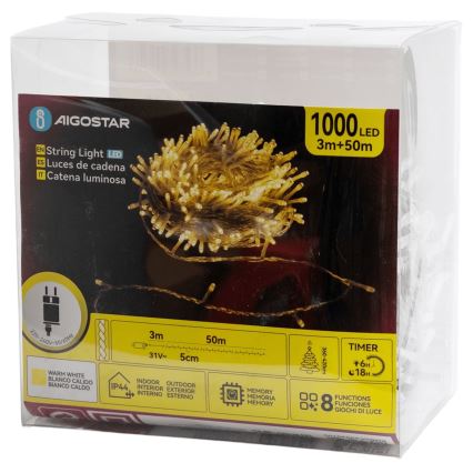 Aigostar - Zewnętrzny łańcuch świąteczny LED 1000 diod/8 trybów, 50 m, IP44, ciepła biała