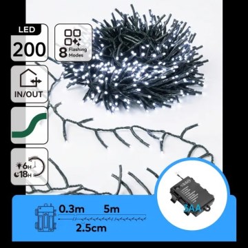 Aigostar - Zewnętrzny świąteczny łańcuch świetlny LED 200 diod/8 trybów 3xAA 5,3 m IP44 zimna biel