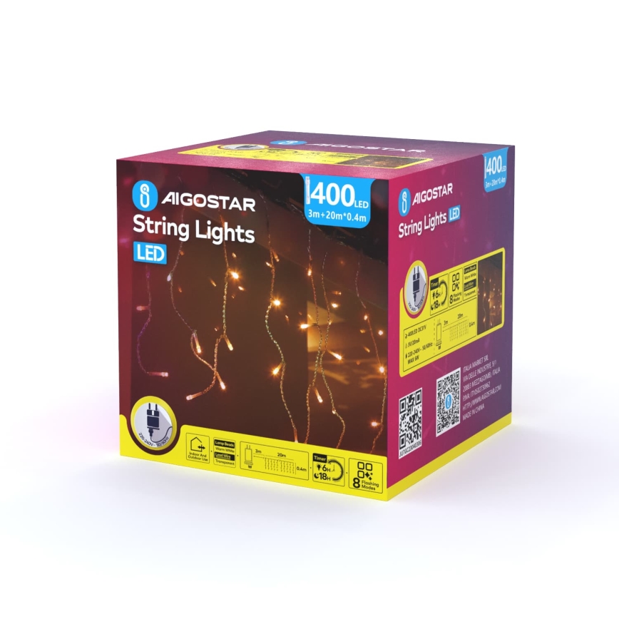 Aigostar - Zewnętrzny świąteczny łańcuch świetlny LED 400 diod LED/8 funkcji 23 x 0,4 m IP44 ciepła biała