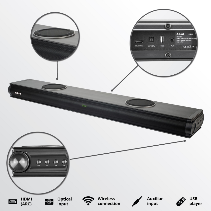 AKAI ASB-29 - Soundbar z aktywnym subwooferem 120 W / 230 V + pilot zdalnego sterowania