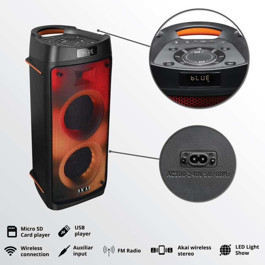 AKAI PARTY BOX 810 - Bezprzewodowy głośnik 65W/230V 5000 mAh + pilot zdalnego sterowania